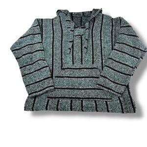 Baja Poncho Style Pullover Hoodie – Teal & Black Stripe
